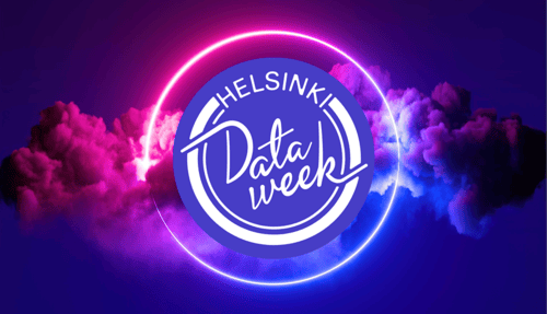 A purple Helsinki Data Week logo on pink and purple background with clouds.